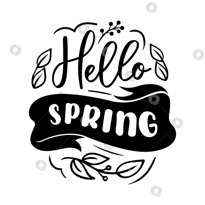 Скачать Hello Spring - это векторная иллюстрация, демонстрирующая элегантные надписи, красиво дополненные тонкими ветвями растений и мягкими, нежными цветами, передающими суть веселого весеннего сезона фотосток Ozero