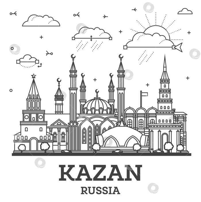Скачать Обрисуйте городской пейзаж Казани с современными и историческими зданиями, выделенными белым цветом. Городской пейзаж Казани с достопримечательностями. фотосток Ozero