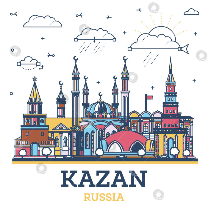 Скачать Обрисуйте городской пейзаж Казани, Россия, с помощью цветных современных и исторических зданий, выделенных белым цветом. Городской пейзаж Казани с достопримечательностями. фотосток Ozero