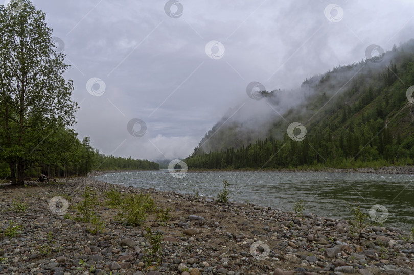 Скачать Низкие облака в горном ущелье над рекой. фотосток Ozero