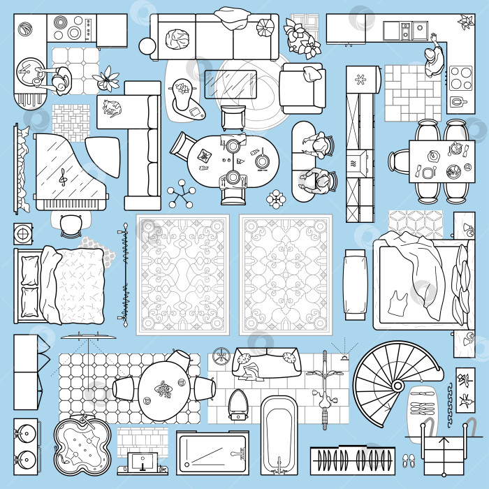 Скачать Набор значков поэтажного плана для дизайна интерьера и архитектурного проекта (вид сверху). Значок тонкой линии мебели на виде сверху для макета. Схема квартиры. Вектор фотосток Ozero