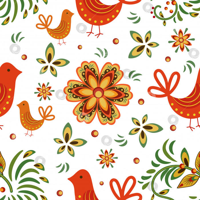 Скачать Бесшовный узор. Масленица. Птицы и цветы, стилизованные под русскую живопись фотосток Ozero