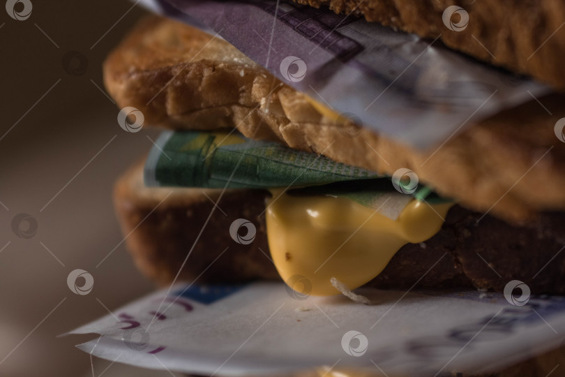 Скачать бутерброд из хлеба и денег, евро-долларовых купюр с сырным соусом. деньги, пропитанные сырным соусом, с изображением еды с деньгами, деньгами и едой. разбросанные деньги фотосток Ozero