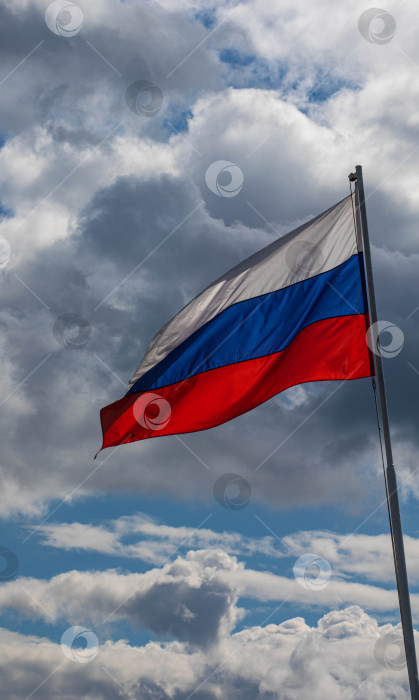 Скачать российский флаг развевается на ветру. российский трехцветный флаг-патриотизм, флаг мрачного неба на фоне неба фотосток Ozero