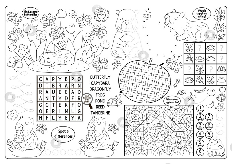 Скачать Векторный черно-белый коврик с изображением капибары. Коврик для активного отдыха Capibara line с лабиринтом, головоломкой для поиска слов, подбором теней, поиском различий. Симпатичный игровой коврик, меню, детский журнал, раскраска фотосток Ozero