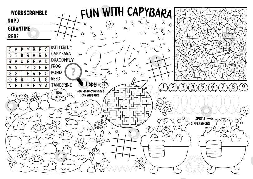 Скачать Векторный коврик-капибара для детей. Коврик для активного отдыха "Капибара" с лабиринтом, крестиками-ноликами, схемами, соединяй точки, находи отличия. Черно-белый игровой коврик или раскраска с милыми расслабляющими животными фотосток Ozero