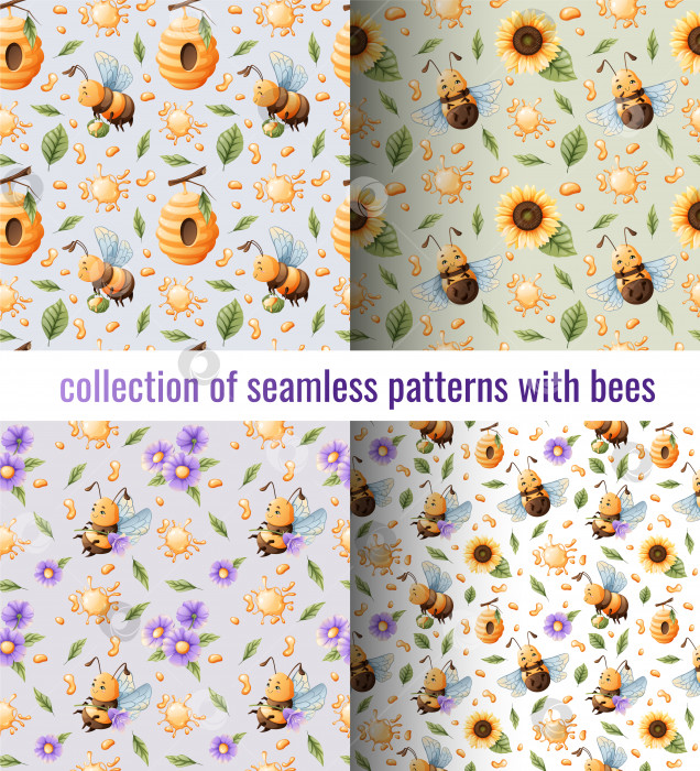 Скачать Набор бесшовных узоров с забавными пчелками, цветами, медом. Подходит для детского текстиля, одежды, обоев, бумаги фотосток Ozero