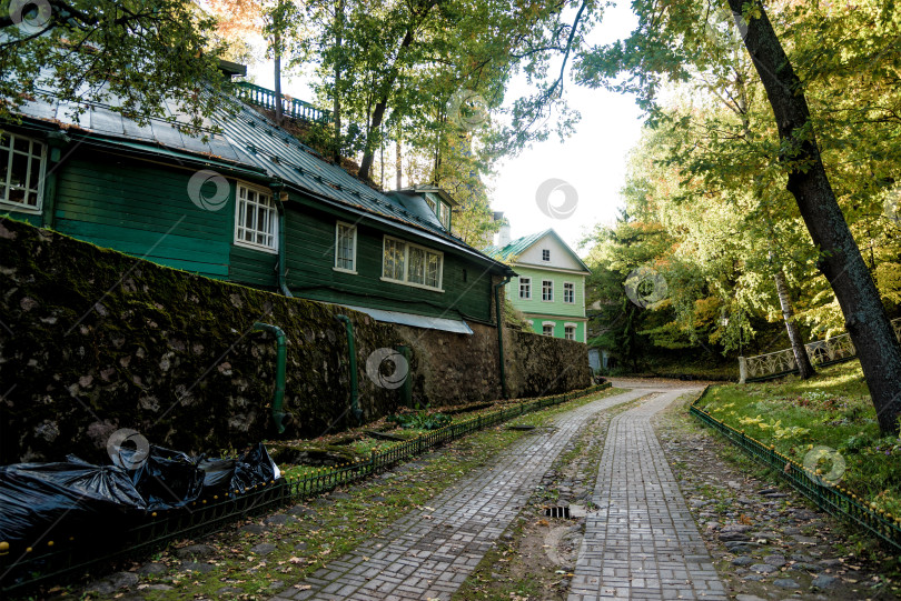 Скачать Городская улица, пасмурный дождливый день, пустынный маленький городок, осенний день, желтые листья лежат на земле. фотосток Ozero