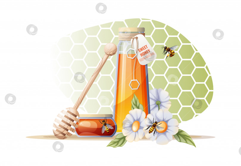 Скачать Баночка меда с деревянной ложкой, цветы и пчелы на зеленом фоне. Плакат, баннер для медового продукта. фотосток Ozero