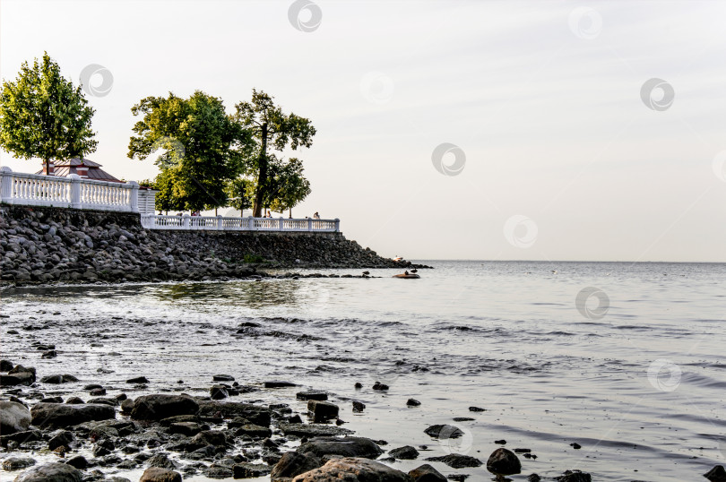 Скачать Зеленый городской парк с пешеходной дорожкой, живописный вид на морской залив, пасмурный день фотосток Ozero