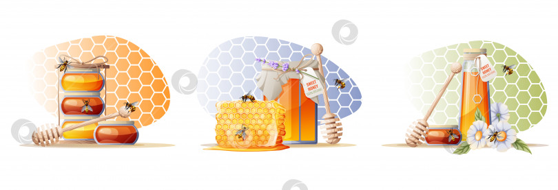 Скачать Набор иллюстраций с банкой меда, деревянной ложкой, пчелами и цветами на разноцветном фоне в виде пчелиных сот фотосток Ozero