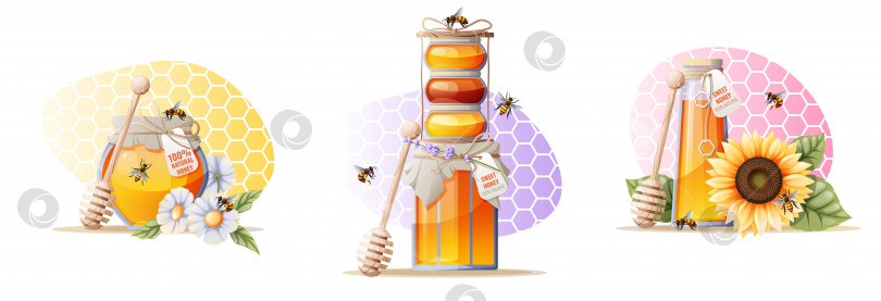 Скачать Набор иллюстраций с банкой меда, деревянной ложкой, пчелами и цветами на разноцветном фоне в виде пчелиных сот фотосток Ozero