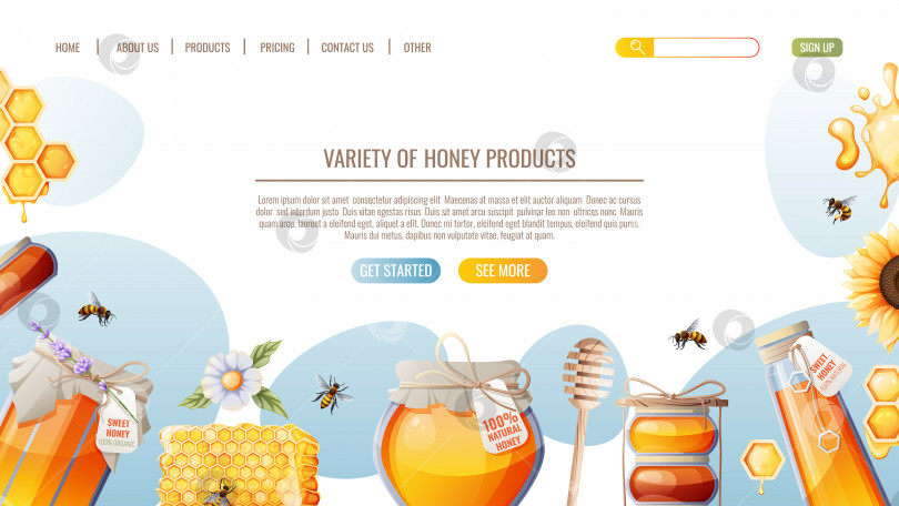 Скачать Медовые продукты. Соты, банка с медом, пчелы. Шаблон дизайна веб-страницы магазина меда. Векторная иллюстрация для баннера, рекламы, веб-страницы, обложки фотосток Ozero