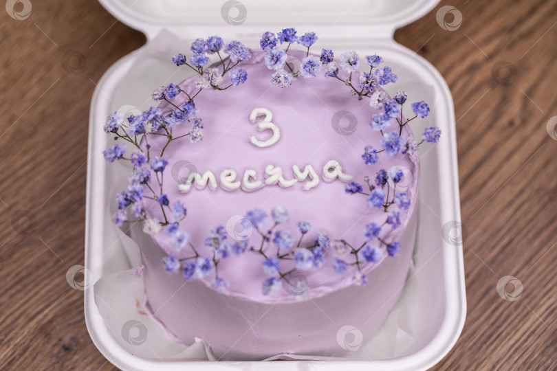 Скачать Три месяца (надпись на русском языке) - домашний пирог бенто в пластиковой коробке на столе фотосток Ozero
