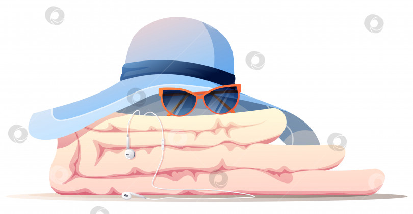 Скачать Пляжная шляпа, покрывало, солнцезащитные очки, наушники. Летняя иллюстрация с пляжными аксессуарами. фотосток Ozero