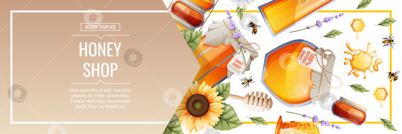 Скачать Шаблон баннера с медовыми продуктами. Магазин меда.Иллюстрация банки с медом, соты, пчелы, цветы. Дизайн этикетки, флаера, плаката, рекламы. фотосток Ozero