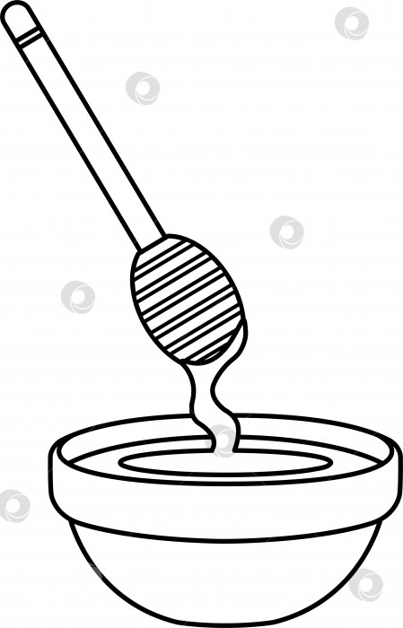 Скачать векторная иллюстрация блюдца с медом и деревянной ложечки для меда, маленькой стеклянной тарелочки с медом, мед льется, каракули и эскиз фотосток Ozero