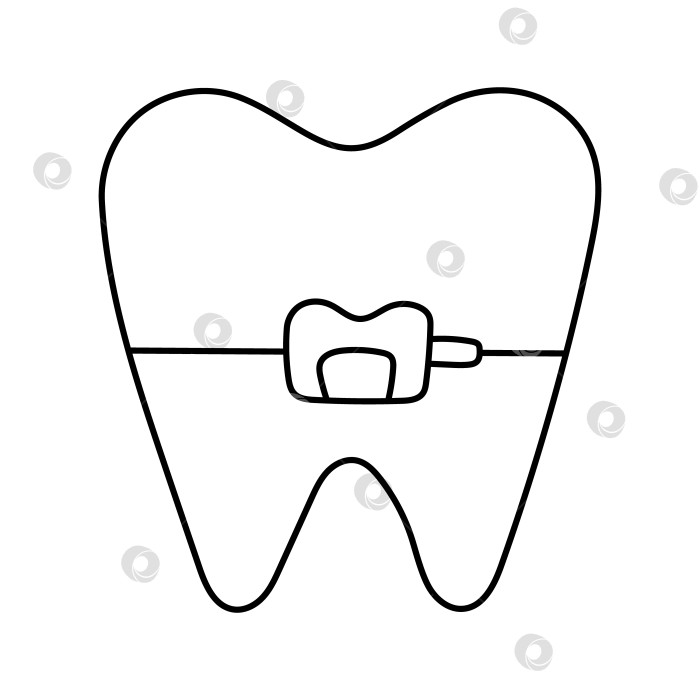 Скачать Красивый контур зуба с брекетами. Модный нарисованный от руки зуб с брекетами как концепция ортопедии и лечения прикуса. Рисунок для лечения полости рта и медикаментозного лечения, выделенный на белом фоне. фотосток Ozero