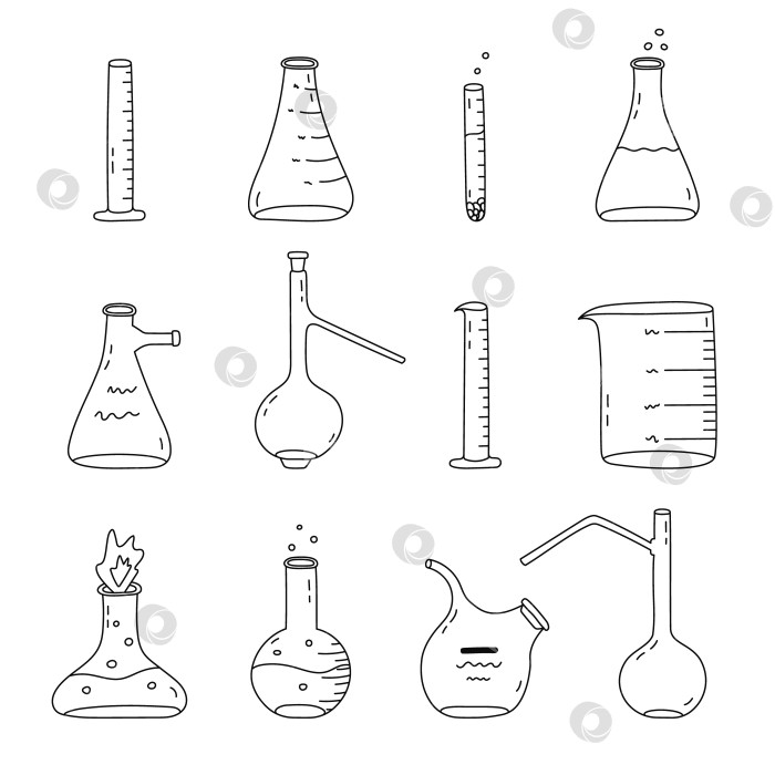 Скачать Большой набор для рисования с лабораторным стаканом с огнем, химическим раствором, пузырьком. Круглая колба с плоским дном, стеклянная посуда, пробирка для научных химических экспериментов. Лабораторное оборудование, нарисованное вручную. фотосток Ozero