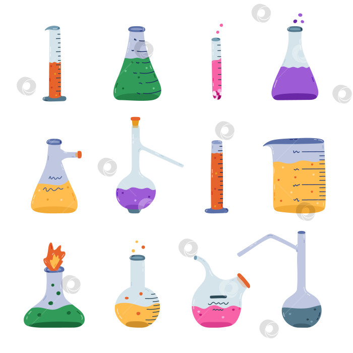 Скачать Большой мультяшный набор с лабораторным стаканом с огнем, химическим раствором, реактивом и пузырьком. Круглая колба с плоским дном, стеклянная посуда, пробирка для научных химических экспериментов. Лабораторное оборудование, нарисованное вручную. фотосток Ozero