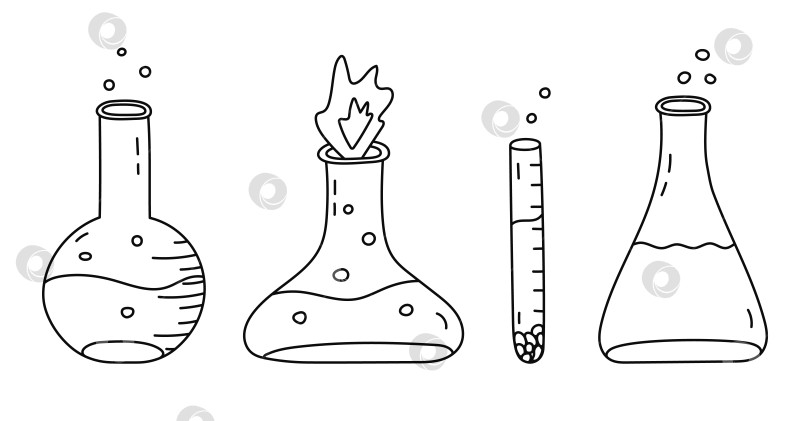 Скачать Симпатичный набор для рисования с лабораторным стаканом с огнем, химическим раствором, реактивом. Круглая колба с плоским дном, стеклянная посуда, пробирка для научных химических экспериментов. Лабораторное оборудование, нарисованное вручную. фотосток Ozero