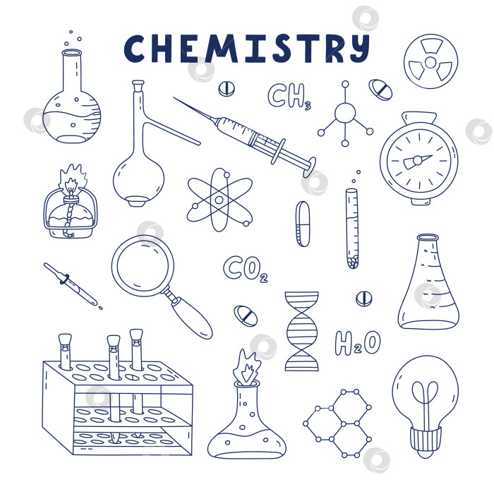 Скачать Симпатичный набор рисунков с изображением химии, науки и лаборатории. Лабораторное оборудование для химических, генетических, медицинских экспериментов и исследований. Выделенная на белом фоне концепция обучения медицине с нарисованными от руки контурами. фотосток Ozero