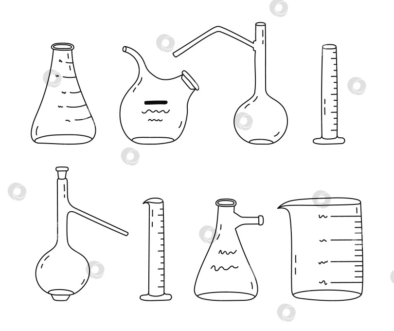 Скачать Симпатичный набор для рисования с пустым лабораторным стаканом. Колба с плоским дном, круглая, высокая, стеклянная посуда, пробирка для научных экспериментов, химических и медицинских тестов. Лабораторное оборудование, выделенное от руки на белом фоне. фотосток Ozero