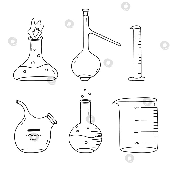 Скачать Симпатичный набор для рисования с пустым и полным химическим раствором лабораторным стаканом. Круглая колба с плоским дном, стеклянная посуда, пробирка для научного эксперимента, теста по химии. Лабораторное оборудование, нарисованное вручную, изолировано. фотосток Ozero