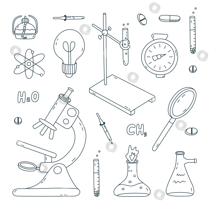 Скачать Симпатичный набор рисунков с изображениями химии, науки и лабораторных работ. Лабораторное оборудование для химических, генетических, медицинских экспериментов и исследований. Нарисованный от руки рисунок для изучения медицины и биологии на белом фоне фотосток Ozero
