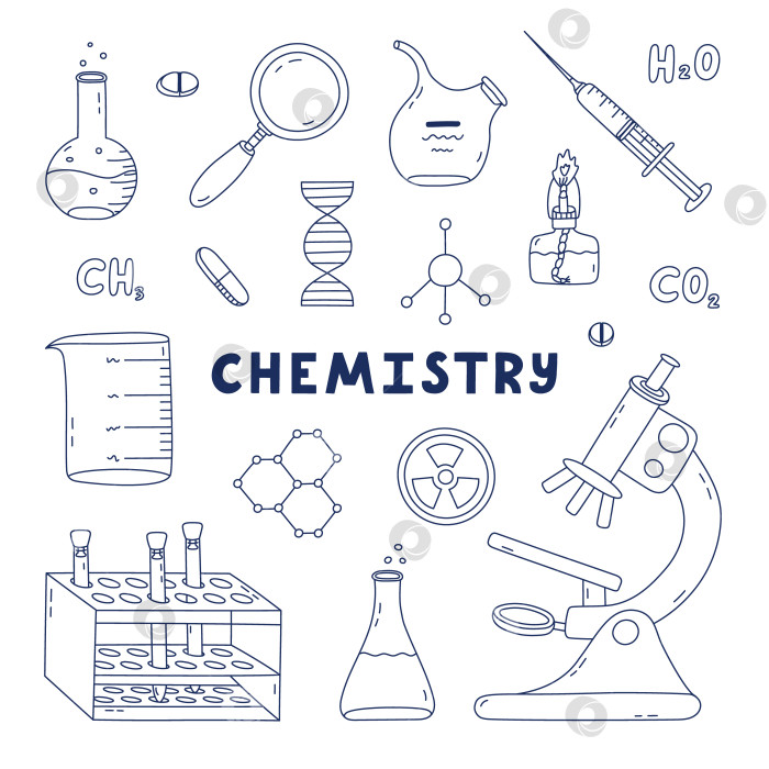 Скачать Симпатичный набор рисунков с изображением химии, науки и лаборатории. Лабораторное оборудование для химических, генетических, медицинских экспериментов и исследований. Концепция изучения медицины и биологии с нарисованными от руки контурами фотосток Ozero