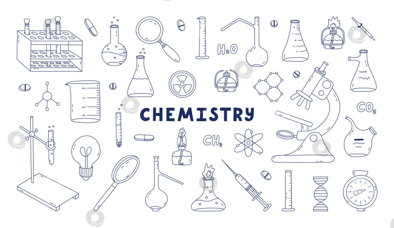 Скачать Большой набор рисунков с изображениями химии, науки и лабораторных работ. Лабораторное оборудование для химических, генетических, медицинских экспериментов и исследований. Выделенная на белом фоне концепция обучения медицине с нарисованными от руки контурами. фотосток Ozero