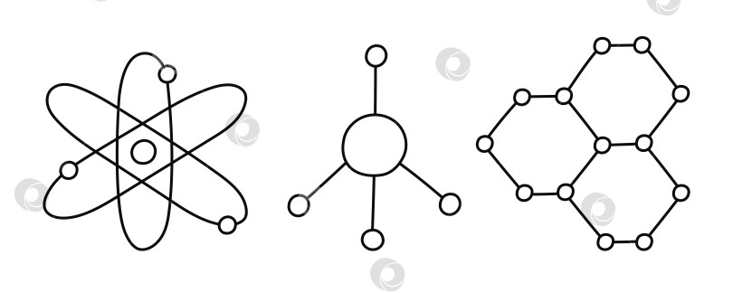 Скачать Симпатичный набор рисунков со структурой химических молекул и атомов. Нарисованная от руки химическая формула как символ науки, медицины, технологии, биологии. Научная молекулярная модель, выделенная на заднем плане. фотосток Ozero