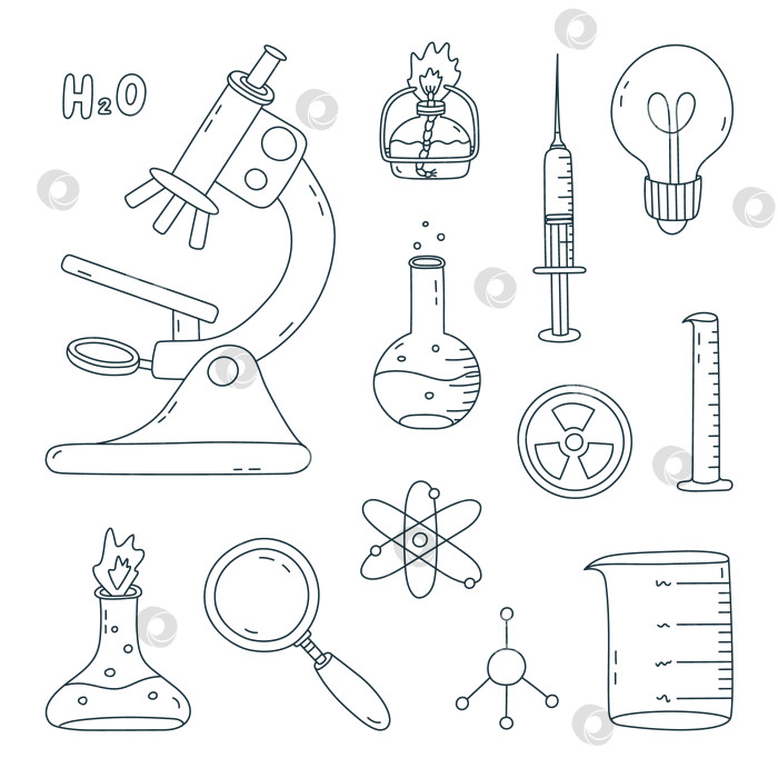 Скачать Симпатичный набор для рисования с изображениями химии, науки и лабораторных работ. Лабораторное оборудование для химических, генетических, медицинских экспериментов, исследований. Изолированная концепция обучения медицине, биологии с нарисованным от руки контуром. фотосток Ozero