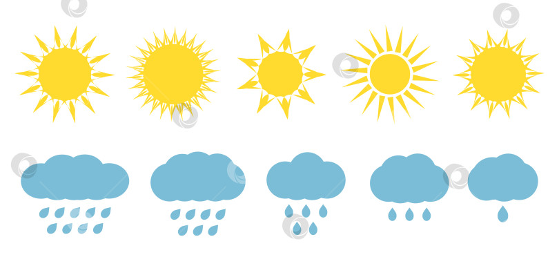 Скачать Символы солнца и дождя на иллюстрации к прогнозу погоды, демонстрирующие различные погодные условия и их влияние на повседневную деятельность фотосток Ozero