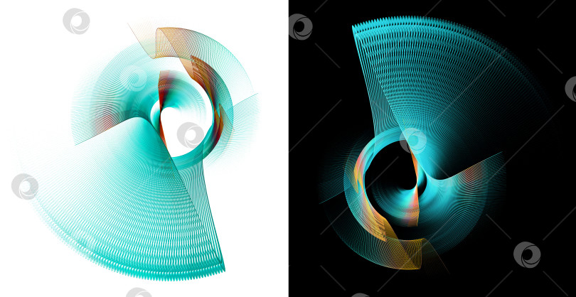 Скачать Бирюзовые, с оранжевыми вкраплениями, полосатые, красиво изогнутые лезвия вращаются на белом и черном фоне. Набор. Иконка, логотип, символ, вывеска. 3D-рендеринг. 3D-иллюстрация. фотосток Ozero