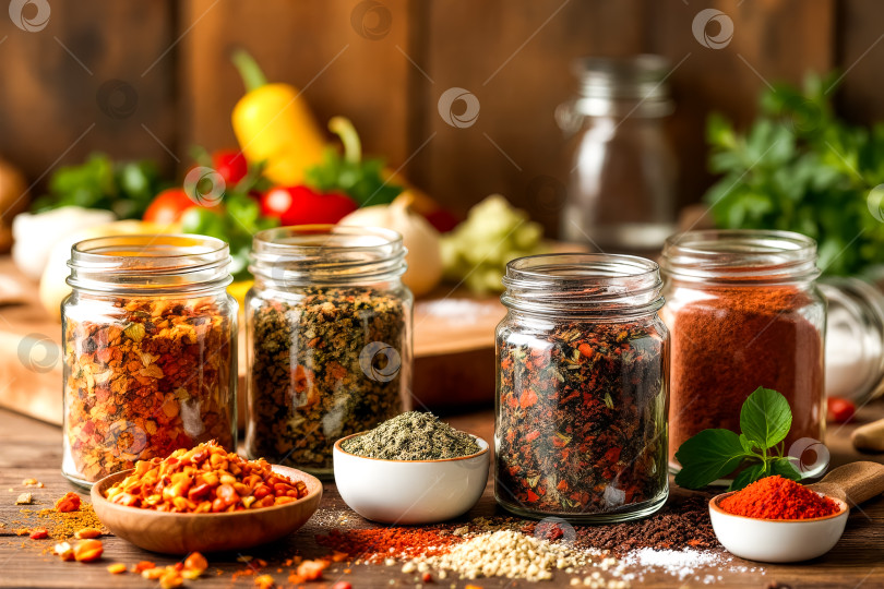 Скачать Стол с четырьмя баночками для специй и деревянной разделочной доской фотосток Ozero