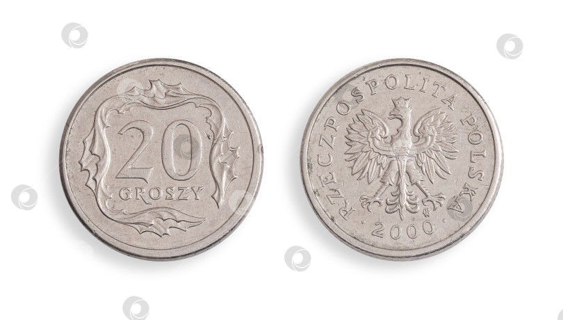 Скачать Польская монета номиналом 20 грошей (аверс и реверс). Надпись на польском языке "Речь Посполитая, Польша" на английском языке. Элемент дизайна с контуром вырезки фотосток Ozero