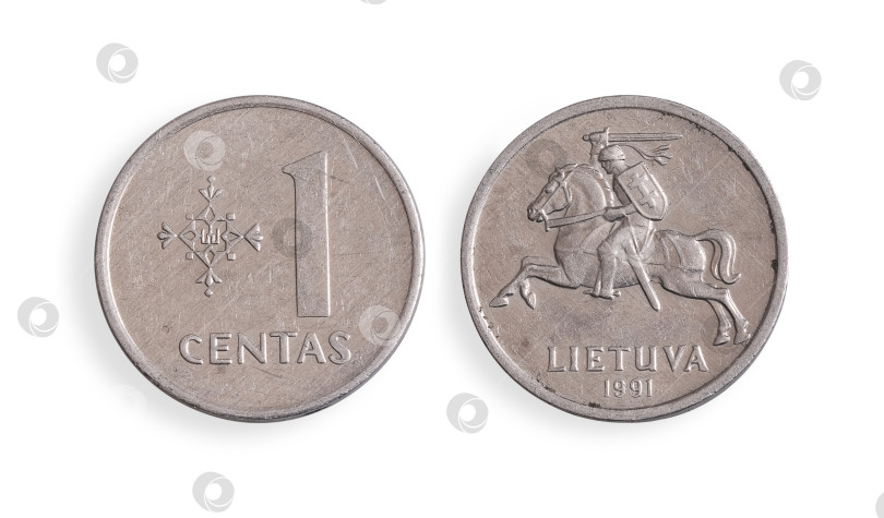Скачать Старинная литовская монета номиналом 1 сент (аверс и реверс). Надпись на литовском языке "1 цент. Литва» на английском языке. Элемент дизайна с контуром вырезки фотосток Ozero
