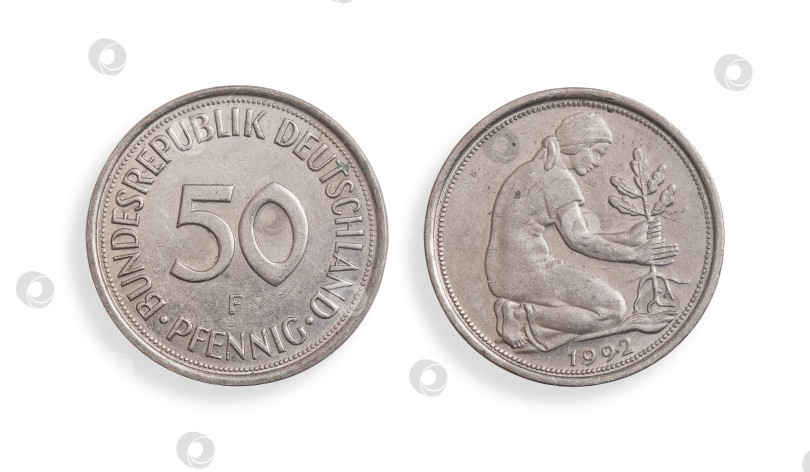 Скачать Немецкая монета номиналом 50 пфеннигов (аверс и реверс). Надпись на немецком языке означает "Федеративная Республика Германия". 50 пфеннигов на английском языке. Элемент дизайна с контуром вырезки фотосток Ozero