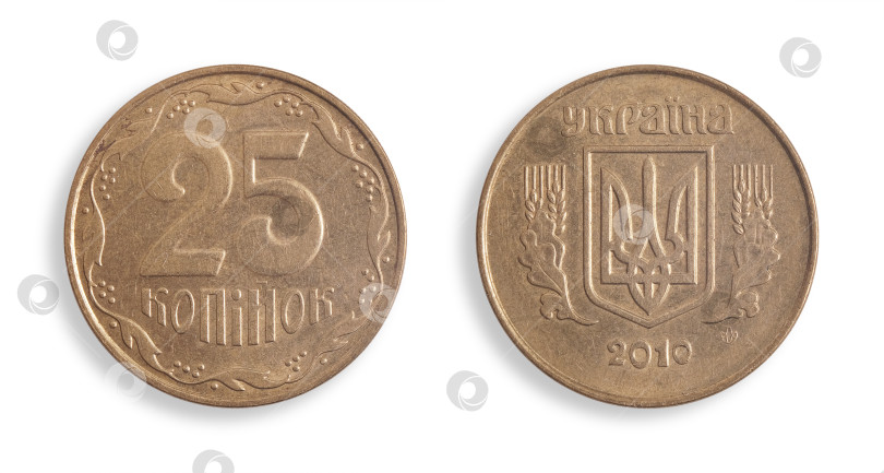 Скачать Украинская монета номиналом 25 копеек на белом фоне (аверс и реверс). Надпись означает "25 копеек. Украина". Элемент дизайна с контуром вырезки фотосток Ozero