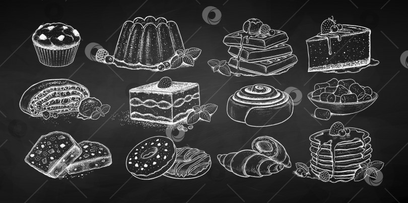 Скачать Векторные эскизные иллюстрации, нарисованные мелом, набор десертов и сладких блюд фотосток Ozero