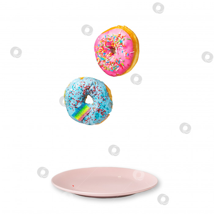 Скачать Два разноцветных свежих пончика парят над розовой пустой тарелкой на белом фоне фотосток Ozero