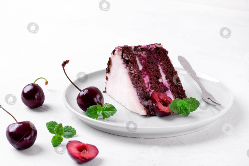 Скачать Кусочек торта "Шварцвальд" с шоколадом, вишней и взбитыми сливками на керамической тарелке. фотосток Ozero