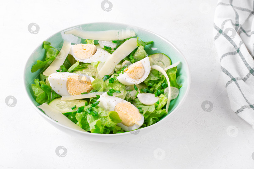 Скачать Салат с яйцами, листьями салата, сыром, огурцом, белой редькой и зеленым луком подается в миске фотосток Ozero