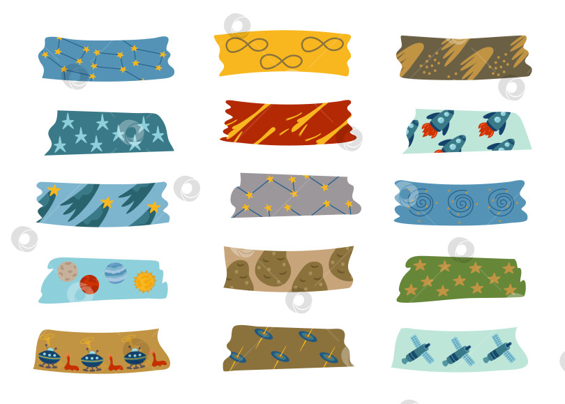 Скачать Washi tapes - это космическая коллекция с ракетами, звездами, кометами. Для заметок, органайзеров, планировщиков, скрапбукинга. Векторная иллюстрация вселенной в мультяшном стиле для украшения и дизайна фотосток Ozero