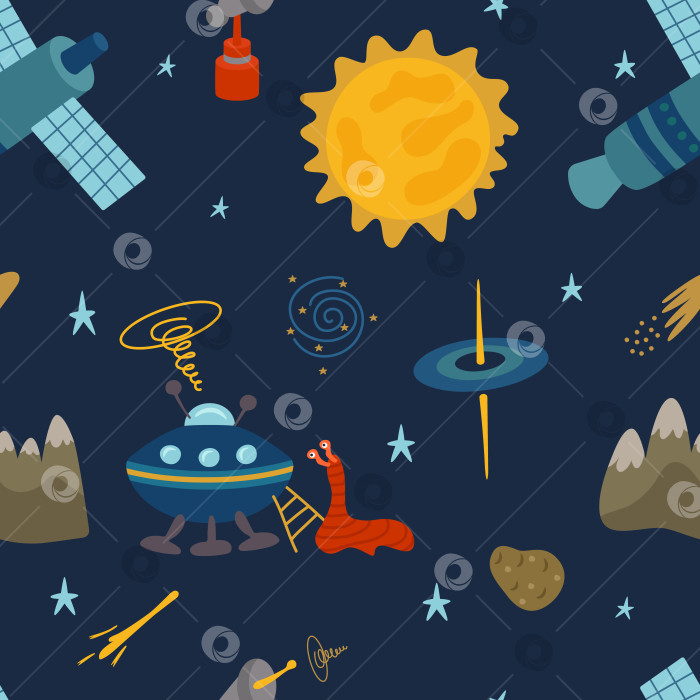 Скачать Бесшовный рисунок инопланетного космического корабля с инопланетянином на синем фоне. Милая векторная иллюстрация в мультяшном стиле со звездами для вашего дизайна. фотосток Ozero