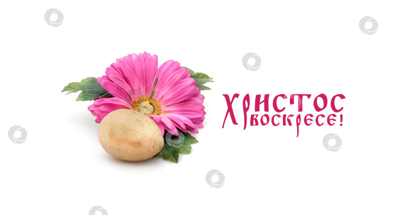 Скачать Шаблон пасхального плаката. Деревянное яйцо ручной работы и цветок выделены на белом фоне. Надпись на русском языке. Элемент дизайна с контуром вырезки фотосток Ozero