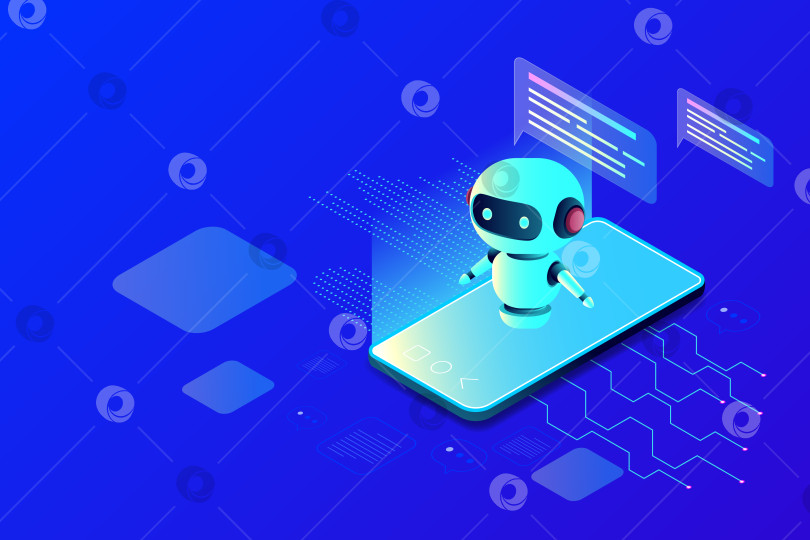 Скачать Изометрический смартфон и чат-бот на синем фотосток Ozero