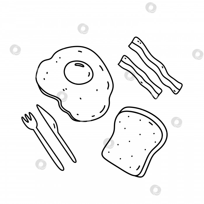 Скачать Яичница-глазунья с тостами и беконом, выделенная на белом фоне. Еда на завтрак. Векторная рисованная иллюстрация в стиле каракули. Идеально подходит для рецептов, оформления, логотипа, меню, различных дизайнов. фотосток Ozero
