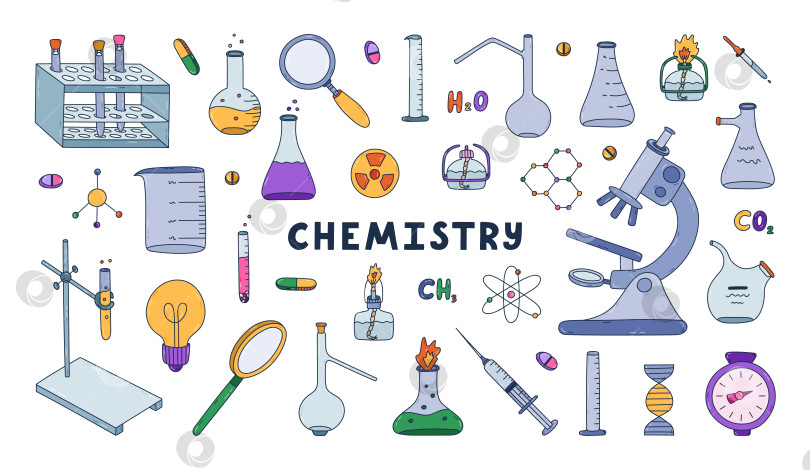 Скачать Большой красочный набор для рисования с изображениями химии, науки и лабораторных работ. Лабораторное оборудование для химических, генетических, медицинских экспериментов и исследований. Изолированная концепция обучения медицине с нарисованным от руки контуром. фотосток Ozero